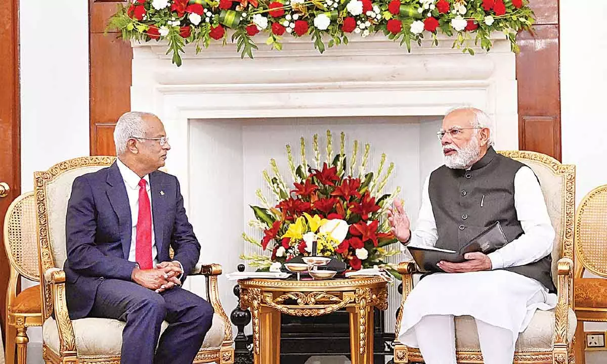 Prime Minister Narendra Modi interacts with President of Maldives Ibrahim Mohamed Solih during a meeting, at Hyderabad House in New Delhi on Tuesday