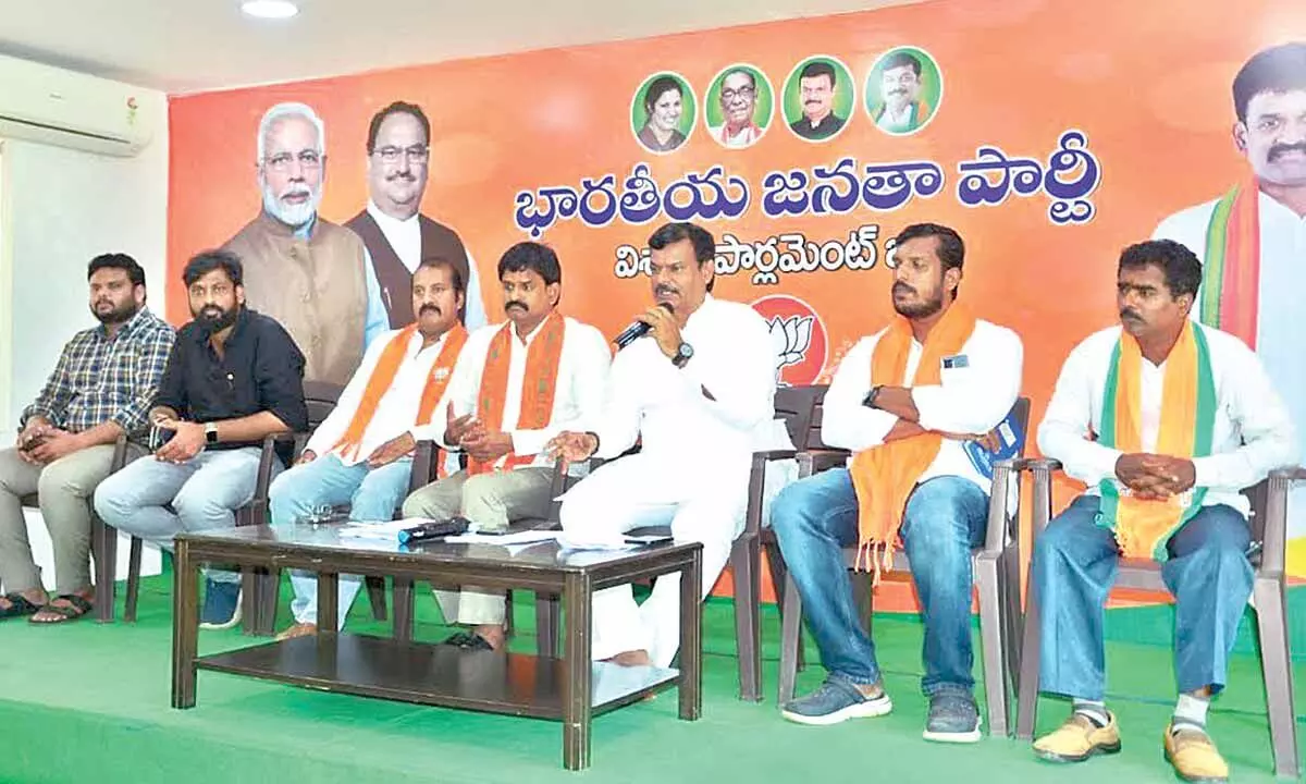 BJP MLC P V N Madhav addressing the media in Visakhapatnam on Tuesday