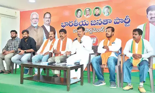 BJP MLC P V N Madhav addressing the media in Visakhapatnam on Tuesday