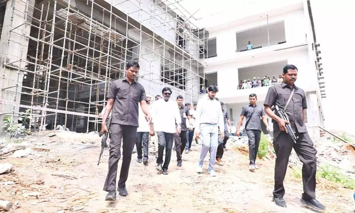 Minister for Transport Puvvada Ajay Kumar inspecting the works of new collectorate in Khammam on Wednesday.