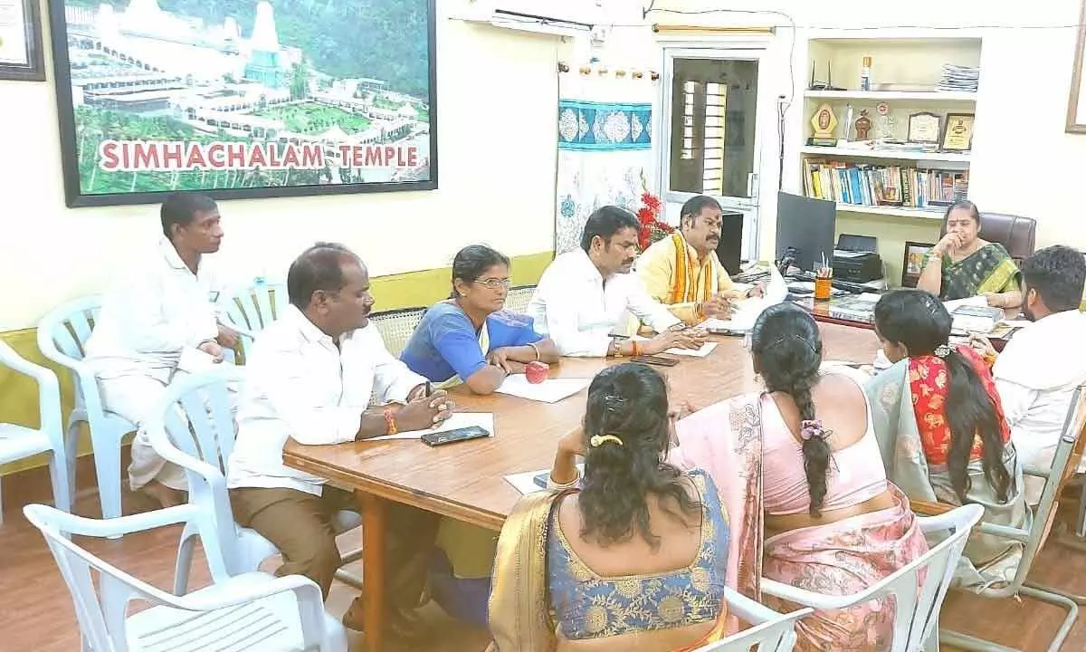 Sri Varaha Lakshmi Narasimha Swamy Devasthanam EO D Bramaramba holding a meeting with the trust board members in Visakhapatnam on Wednesday