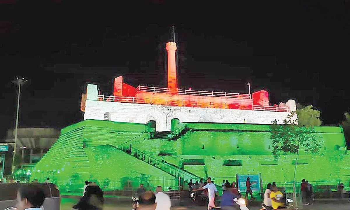 Konda Reddy buruju illuminated in Tricolor as part of Azadi ka Amrit Mahotsav celebrations in Kurnool