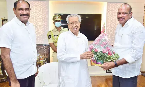 YSRCP MLCs Thalasila Raghuram and Lella Appi Reddy greeting the Governor at Raj Bhavan in Vijayawada on Wednesday