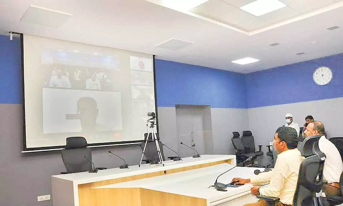 Greater Visakhapatnam Municipal Corporation Commissioner G Lakshmisha participating in a virtual project launch from Visakhapatnam on Thursday