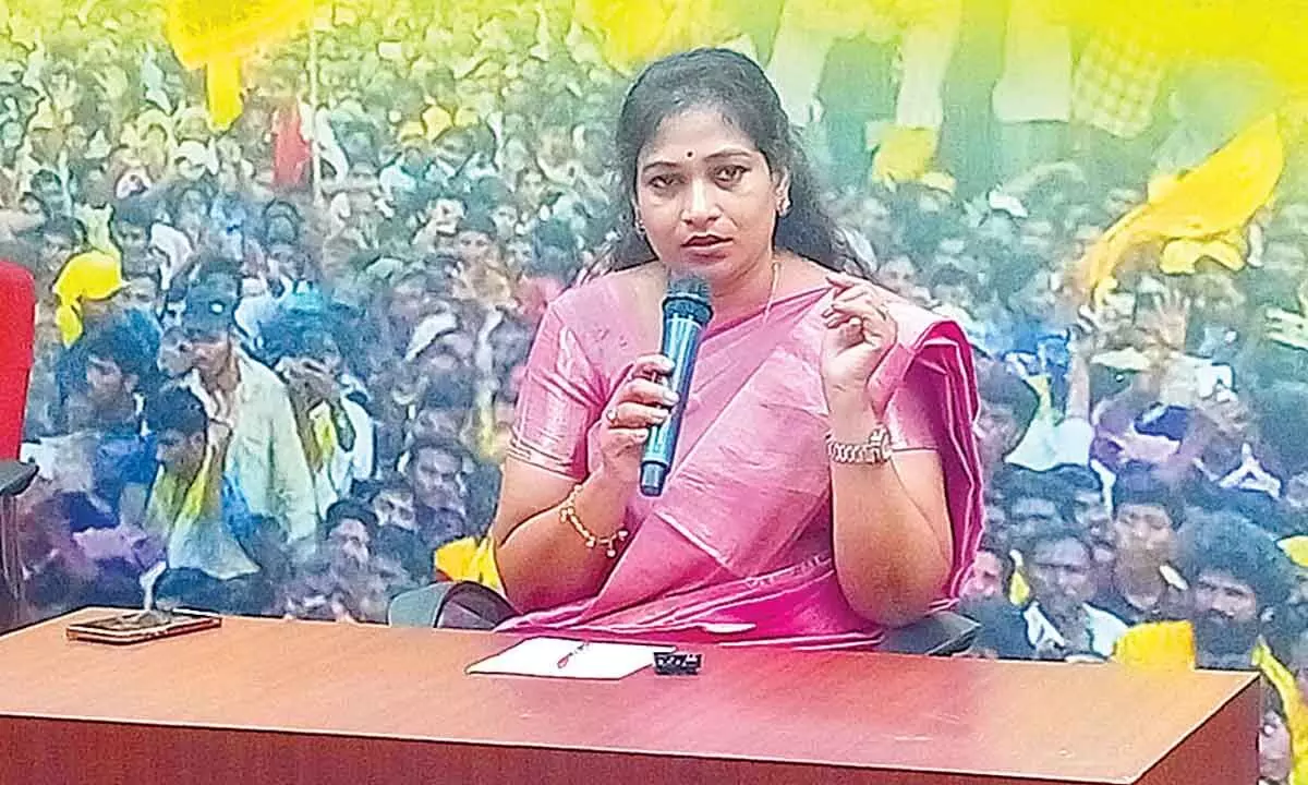 TDP state womens wing president Vangalapudi Anitha addressing the media in Visakhapatnam on Thursday