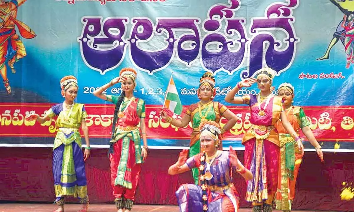 Saimadhavi troupe from Rajahmundry presenting the greatness of Bharatha Matha through Kuchipudi performance at Mahati Auditorium in Tirupati on Thursday.