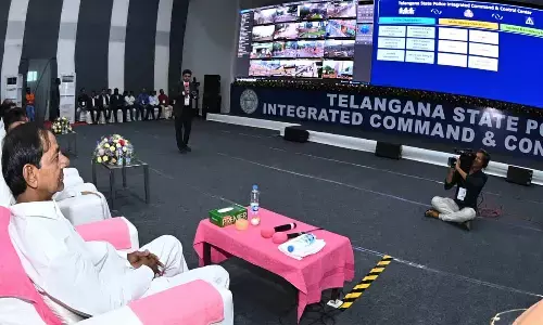 Chief Minister K Chandrashekar Rao watches ‘Bahubali’ screen during launch of the state-of-the-art Integrated Command and Control Centre in Hyderabad on Thursday
