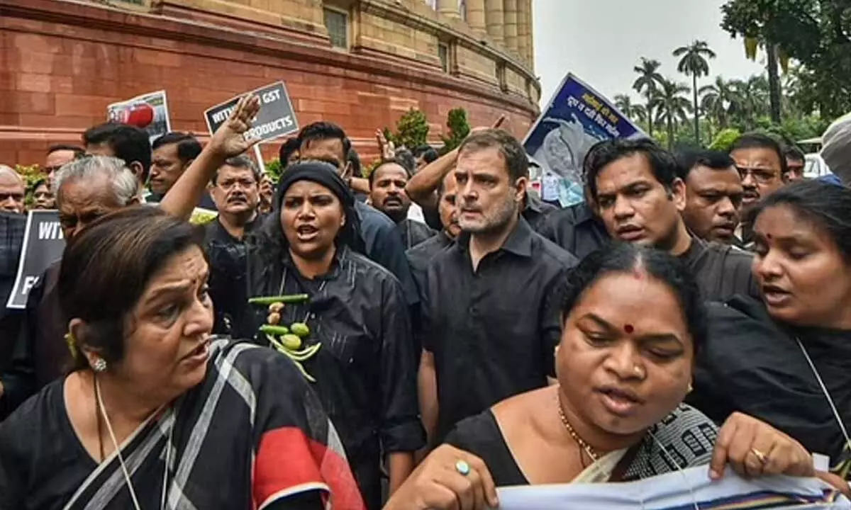 Congress leader Rahul Gandhi, wearing black clothes, along with party MPs marches towards Rashtrapati Bhawan as part of partys nationwide protest over price rise. (Photo | PTI)