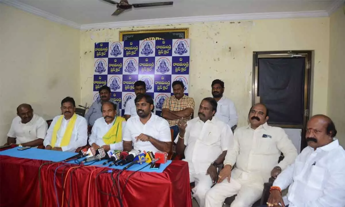 TDP leaders KS Jawahar, Ganni Krishna, Adireddy Vasu, Yarra Venugopala Rayudu and others speaking at a press meet in Rajamahendravaram on Friday