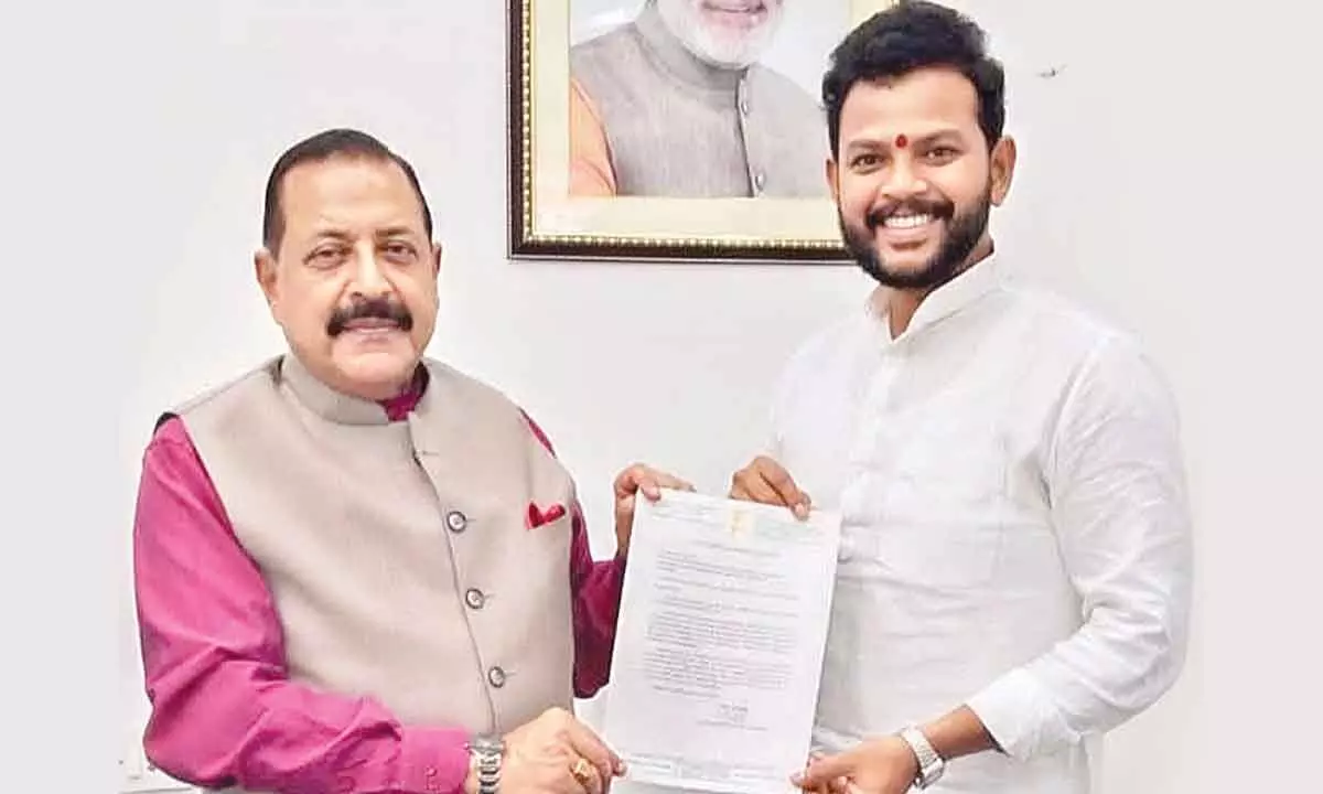 MP K Rammohan Naidu (right) submitting representation to the Central minister Jitendra Singh in New Delhi on Friday