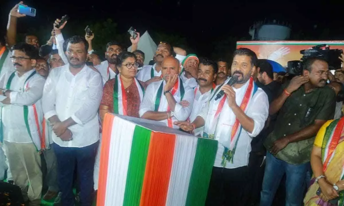 TPCC chief Revanth Reddy addressing the party meeting held in Chandur on Friday