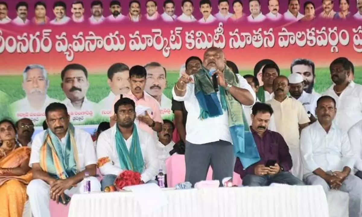 Minister G Kamalakar speaking at a meeting in Karimnagar on Friday.