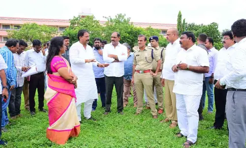 Minister Merugu Nagarjuna, Deputy Speaker Kona Raghupati and MLC and coordinator for CM tour programmes Talasila Raghuram checking the CM meeting venue in Bapatla on Friday