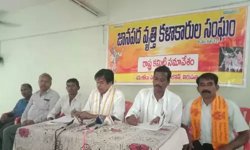 AP Janapada Vruthi Kalakarula Sangham state president and secretary  A Jaganmohan Rao and Bangaru Murali and Annamaiah Kalakshetram leaders addressing media persons at CPM office in Tirupati on Friday