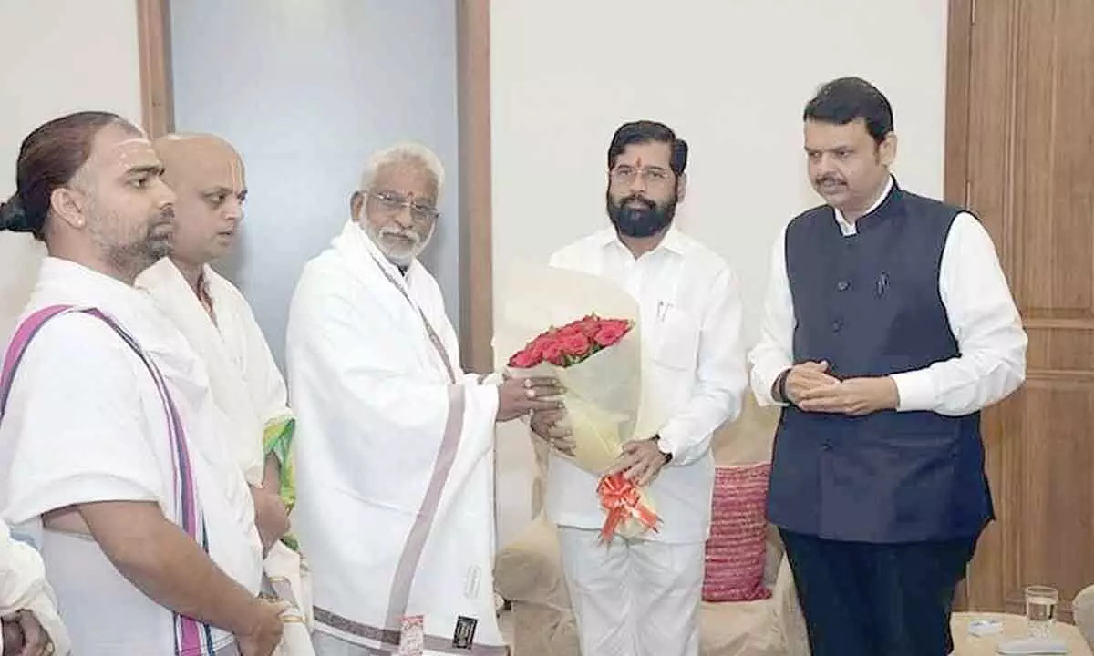 TTD Chairman Y V Subba Reddy along with EO A V Dharma Reddy inviting Maharashtra Chief Minister Eknath Shinde and Deputy Chief Minister Devendra Fadnavis for the construction of Venkateswara Swamy temple in Navi Mumbai,  to be held on August 21, in Mumbai on Saturday.
