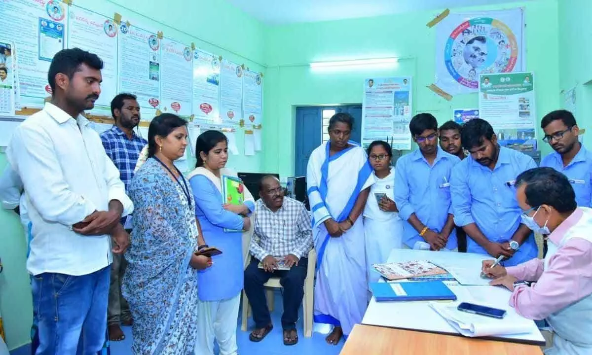 District Collector Basanth Kumar holds review with secretariat staff during his visit to a secretariat at Amagondapalem in Puttaparthi mandal on Saturday