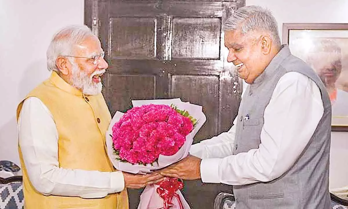 Prime Minister Narendra Modi congratulates the Vice-President-elect Jagdeep Dhankar, in New Delhi on Saturday