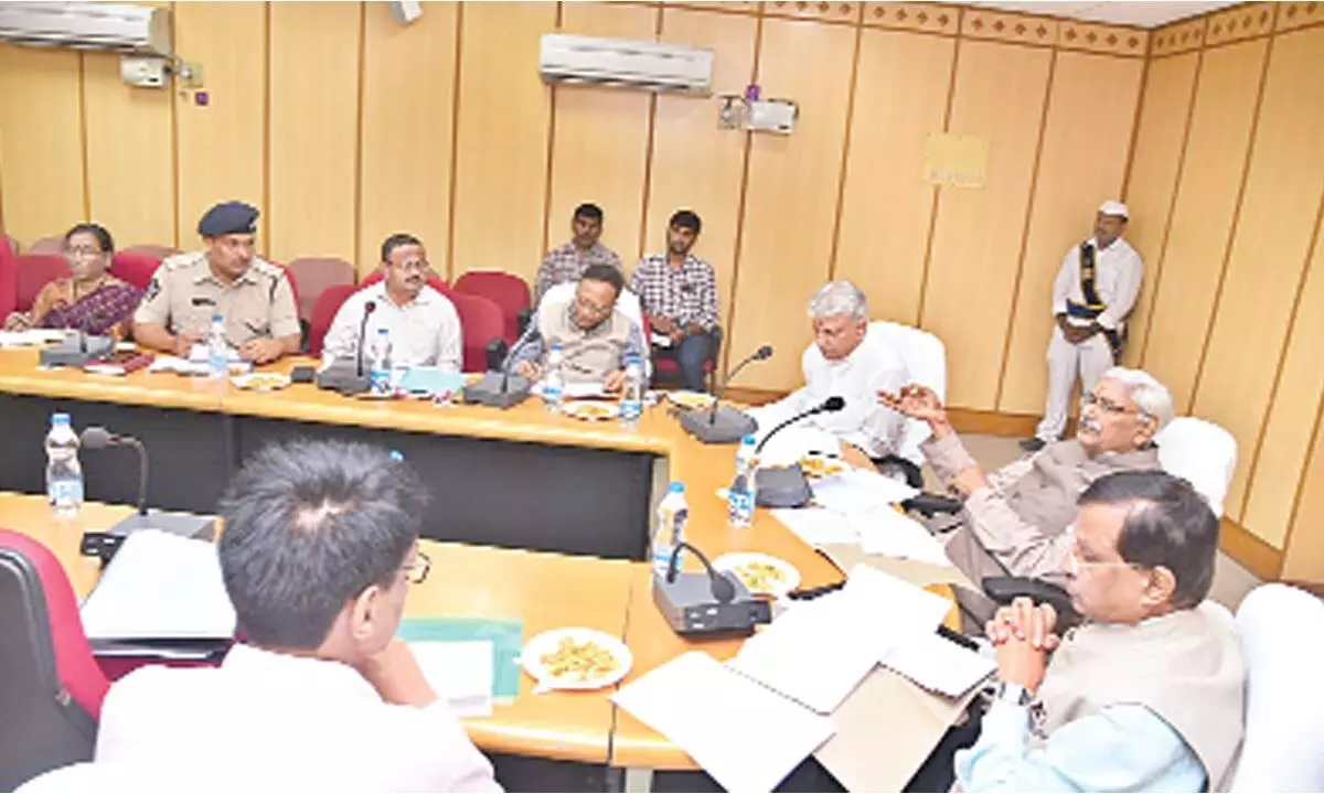NHRC chairman Justice Arun Mishra holding a meeting with district officials in Tirupati on Sunday. NHRC members, district Collector K Venkataramana Reddy, SP P Parameswar Reddy and others are seen.