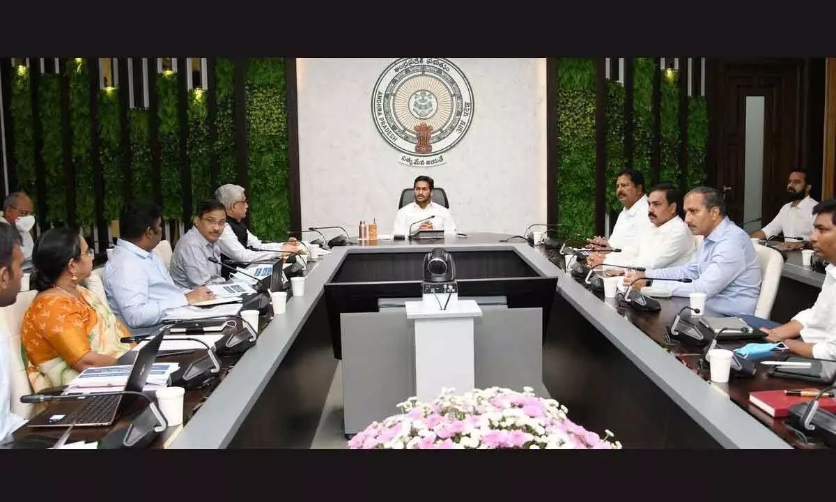 Chief Minister Y S Jagan Mohan Reddy holds a review on agriculture department at his camp office in Tadepalli on Monday