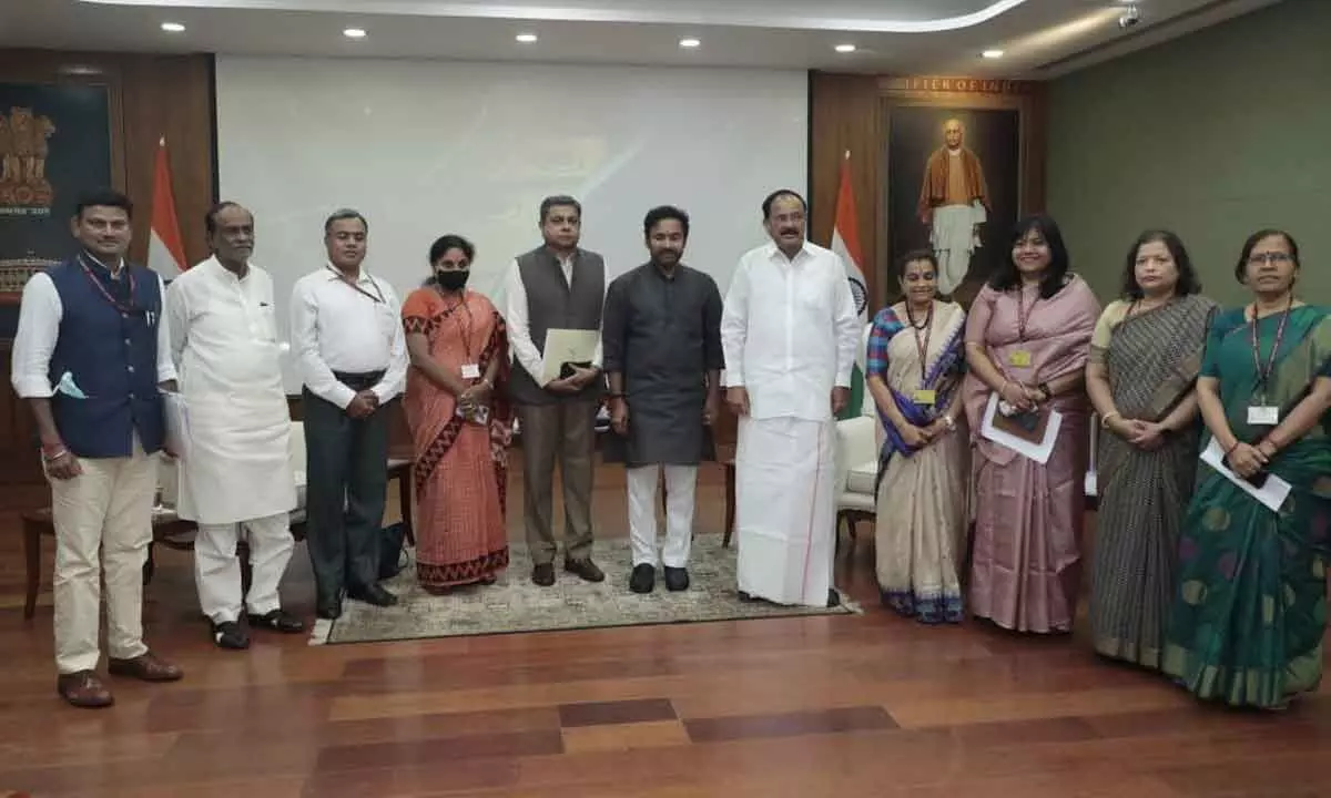 Vice-President M Venkaiah Naidu with Union Minister for Tourism and Culture G Kishan Reddy and officials in New Delhi on Monday. BJP Rajya Sabha member Dr K Laxman is also seen.