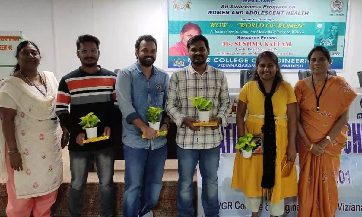 Sushma Kallam, co-founder of Rural Health Link Inc, along with others posing for a group photograph after an awareness programme held at MVGR College