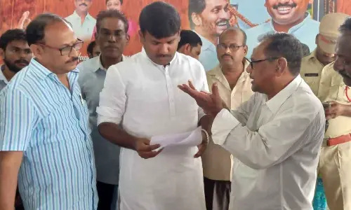 CPI leaders handing over a memorandum to the  IT minister Gudivada Amarnath in Anakapalli district on Monday