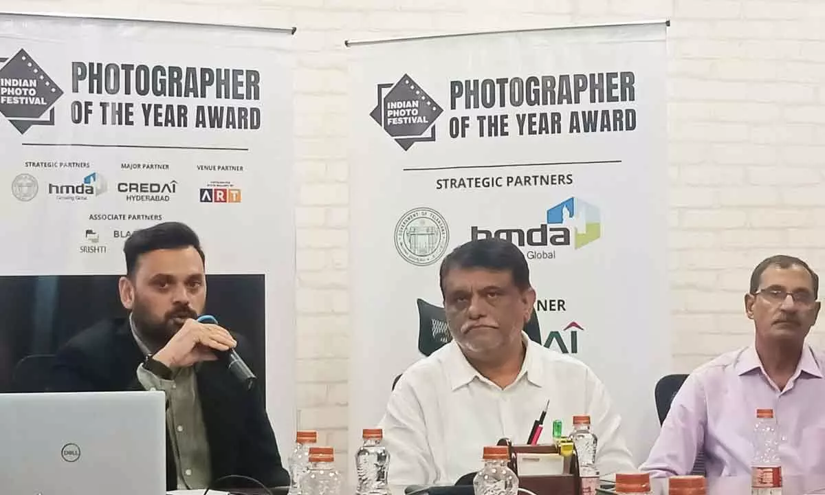 Special Chief Secretary Arvind Kumar and Director of Indian Photo Festival Aquin Mathews speaking at a press conference in Hyderabad on Wednesday