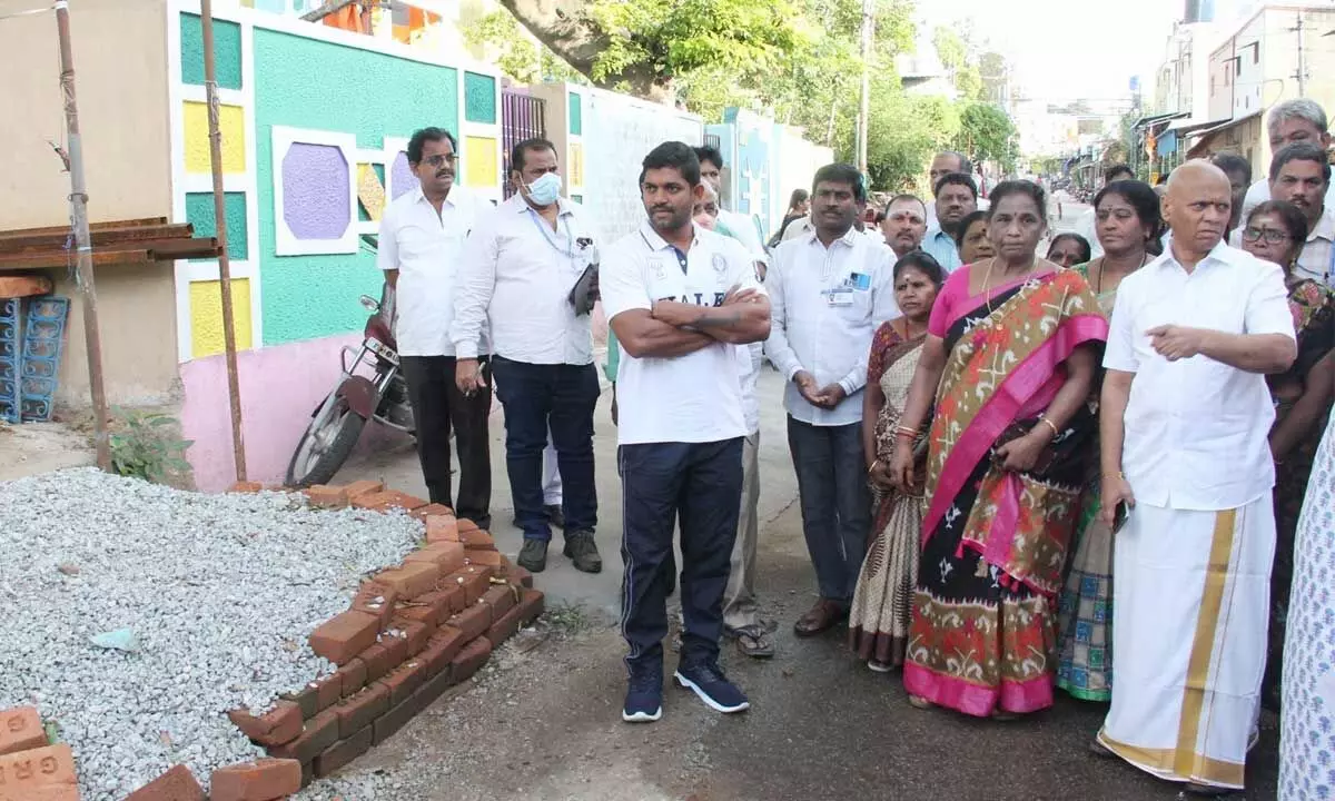 TTD Executive Officer A V Dharma Reddy inspecting the development works going on at Balaji Nagar in Tirumala on Wednesday.