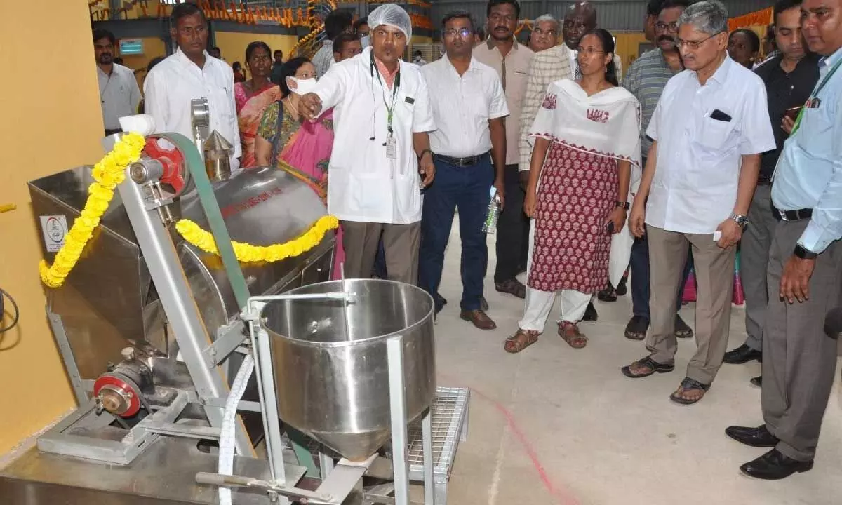 Walmart officials briefing District Collector Nagalakshmi Selvarajan on processing of millets, at Muddalapuram village in Anantapur on Wednesday