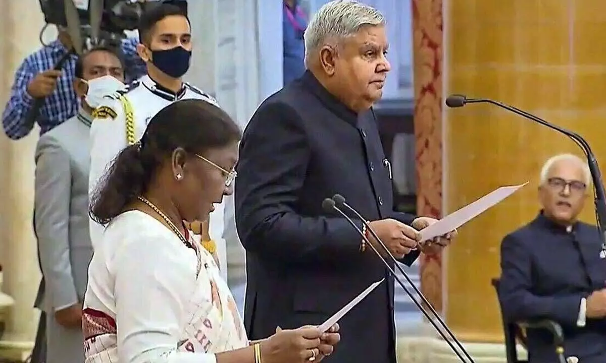 President Droupadi Murmu administers oath to Jagdeep Dhankar as the 14th Vice President of India, at a ceremony at Rashtrapati Bhavan in New Delhi on Thursday