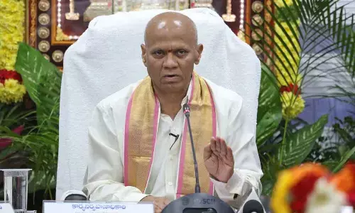 TTD EO A V Dharma Reddy briefing the media on the July Hundi offerings and pilgrim rush in Tirumala on Thursday