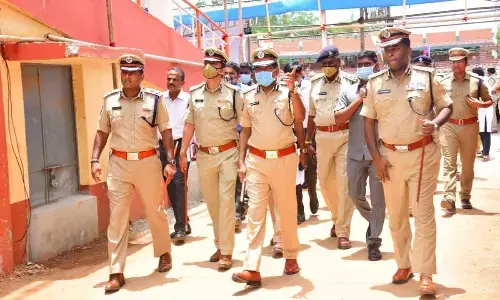 DGP KV Rajendranath Reddy, Additional Director General (Law and Order) Ravisankar Ayyanar, Commissioner of Police Kanti Rana Tata and other senior police personnel visiting Indira Gandhi Municipal Corporation Stadium in Vijayawada on Thursday