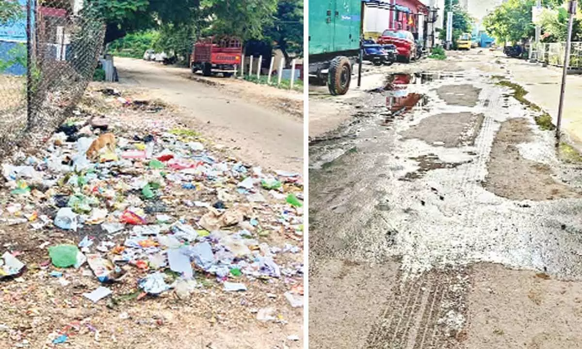 Garbage dumped by the locals is not cleared by the sanitary staff in Hathiramji Colony of Bairagipatteda in Tirupati ; Potholes on road filled with overflowing sewage from UDS