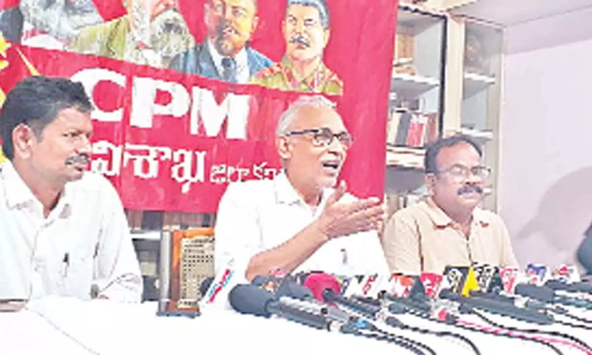 CPM politburo member BV Raghavulu addressing the media in Visakhapatnam on Friday