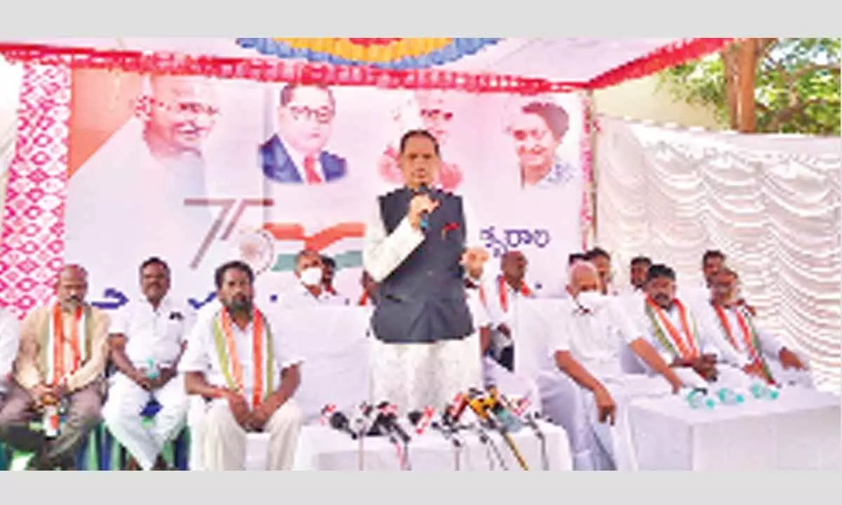 Former minister T Subbarami Reddy addressing the public meeting at Ambedkar Bhavan in Tirupati on Saturday.