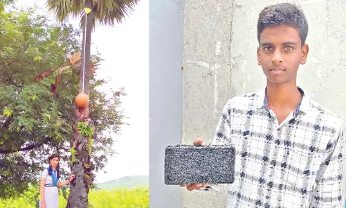 Shirisha from ZPHS Munimoksham developed a device to be used by toddy tappers; T Anil Kumar, a student from  ZPHS Yadira, developed Rubber Brick