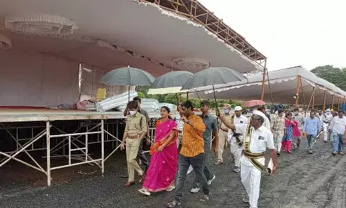 District Collector Madhavi Latha and SP Aishwarya Rastogi inspecting the arrangements at Arts College grounds in Rajamahendravaram on Sunday