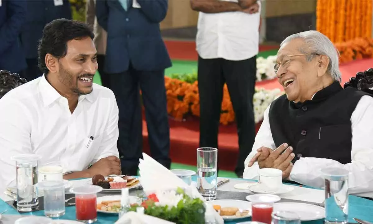 Governor Biswabhusan Harichandan with Chief Minister Y S Jagan Mohan Reddy during ‘At Home’ at Raj Bhavan in Vijayawada on Monday