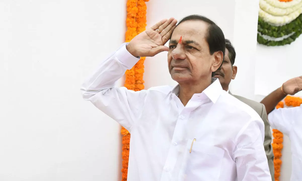 Chief Minister K Chandrashekar Rao during 76th Independence Day celebrations at Golconda Fort, in Hyderabad on Monday