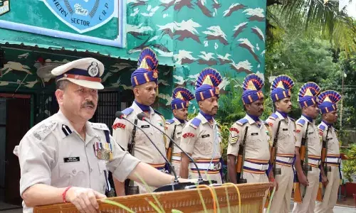 CRPF 42nd Battalion Commandant Satish Kumar speaking at the Independence Day celebrations in Rajamahendravaram on Monday