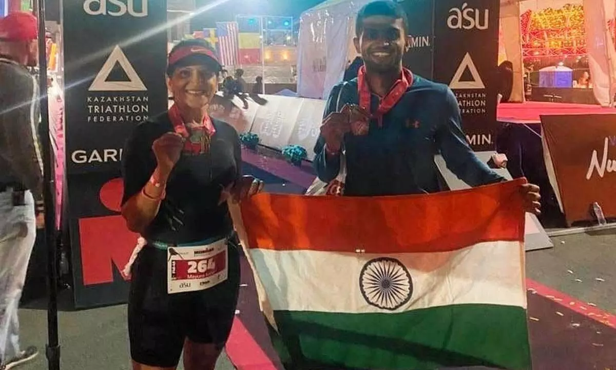 Mayura Shivalkar and Megh Shivalkar, a mother and son duo from Belagavi, completed the Nur Sultan Ironman challenge in Kazakhstan on August 14, 2022. | Photo Credit: Special arrangement