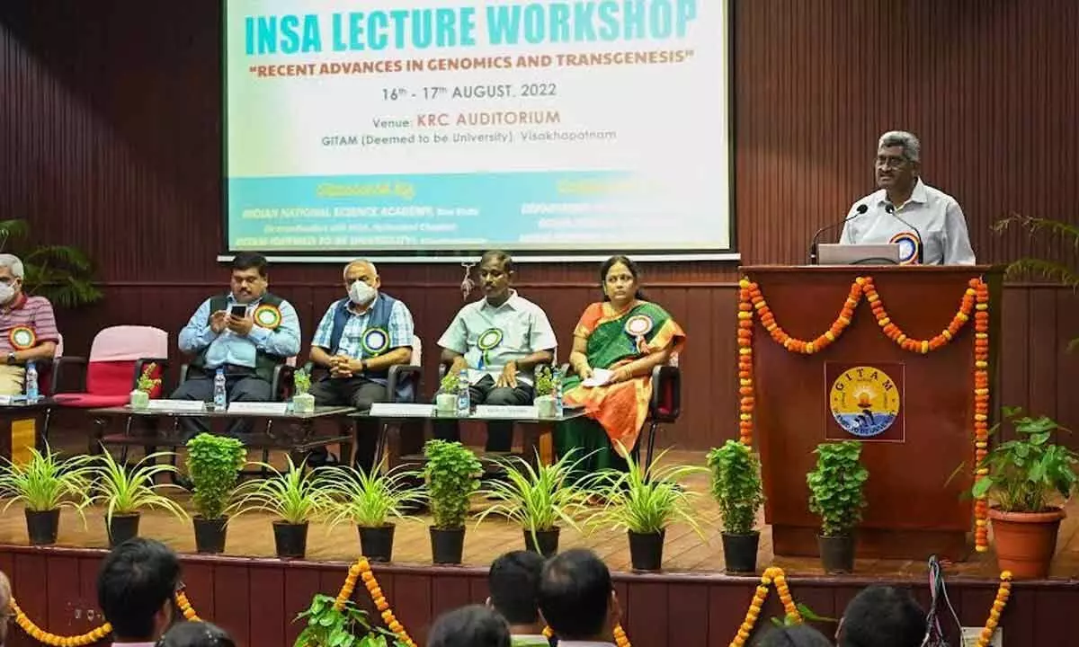 GITAM School of Science Principal M. Sarathchandrababu addressing the students during the INSA workshop in Visakhapatnam on Tuesday