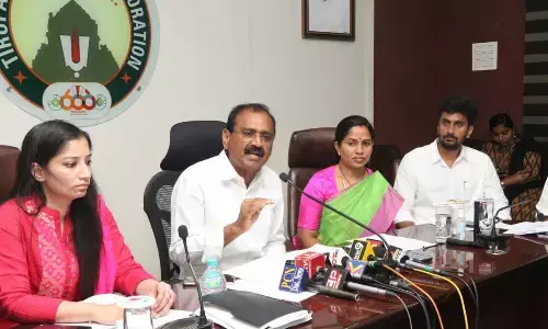 MLA Bhumana Karunakar Reddy addressing the media in Tirupati on Tuesday. Mayor Dr R Sirisha and Municipal Commissioner Anupama Anjali (left) are also seen.