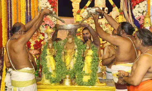 TTD priests performing Snapana Tirumanjanam for processional deities on the first day of Vaibhavotsavam in Nellore on Tuesday