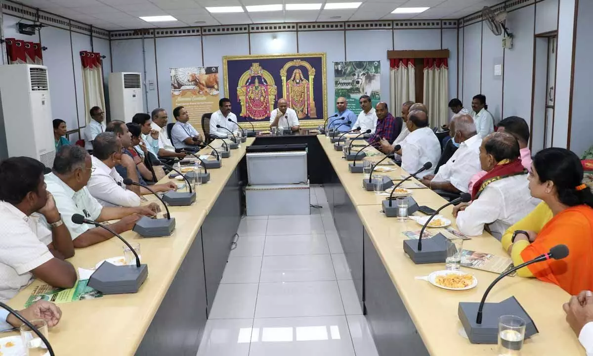 TTD EO A V Dharma Reddy holds meeting with hotel representatives to promote TTD products, at Administrative Building in Tirupati on Wednesday.