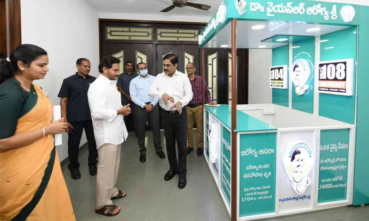 Chief Minister Y S Jagan Mohan Reddy going through an informative desk of the Medical and Health Department at his camp office in Tadepalli on Wednesday.  Health Minister Vidadala Rajini and Special Chief Secretary M T Krishna Babu are also seen.
