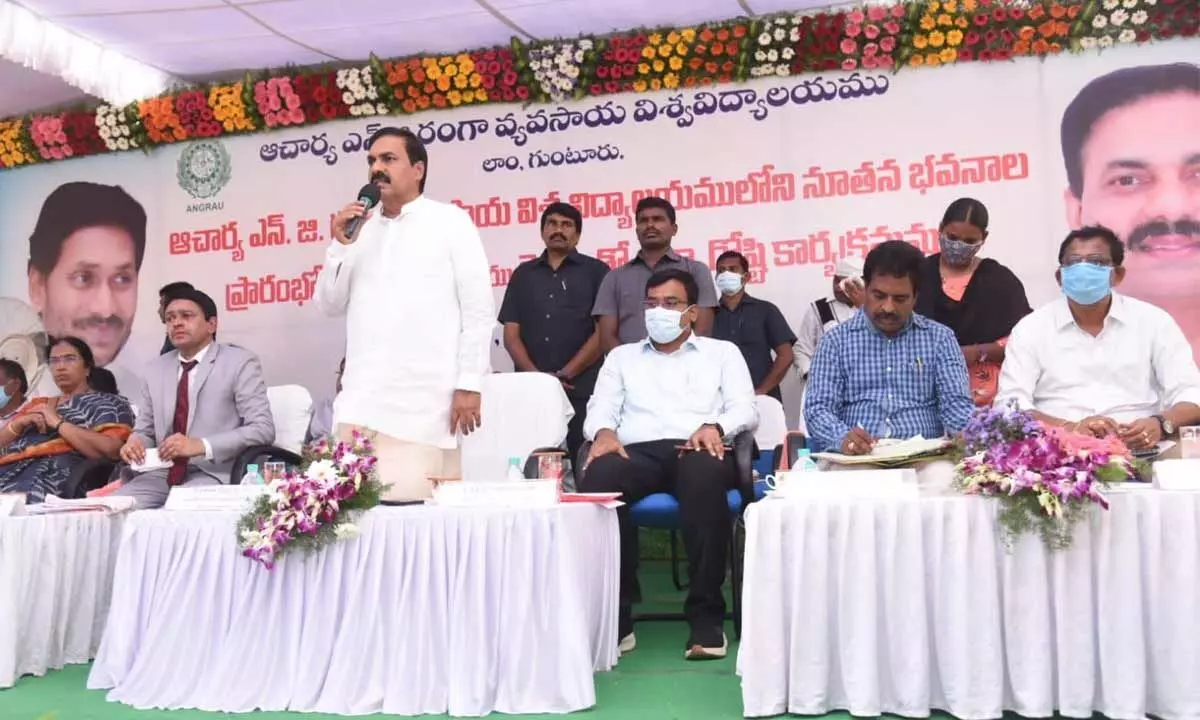 Agriculture Minister K Govardhan Reddy addressing a meeting at Agri Research Station in Nellore after virtually inaugurating 13 new buildings of Acharya NG Ranga Agricultural University (ANGRAU) on Wednesday