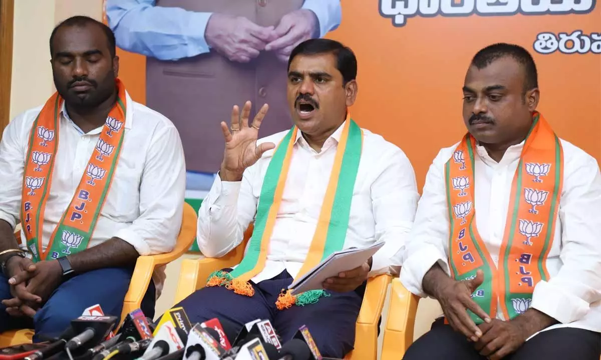 BJP State general secretary S Vishnuvardhan Reddy addressing mediapersons at the party office in Tirupati on Wednesday