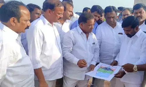 Energy Minister Jagadish Reddy along with MLC Takkellapally Ravinder inspecting the venu of CM KCR’s Prajadeevena Sabha in Munugodu on Wednesday