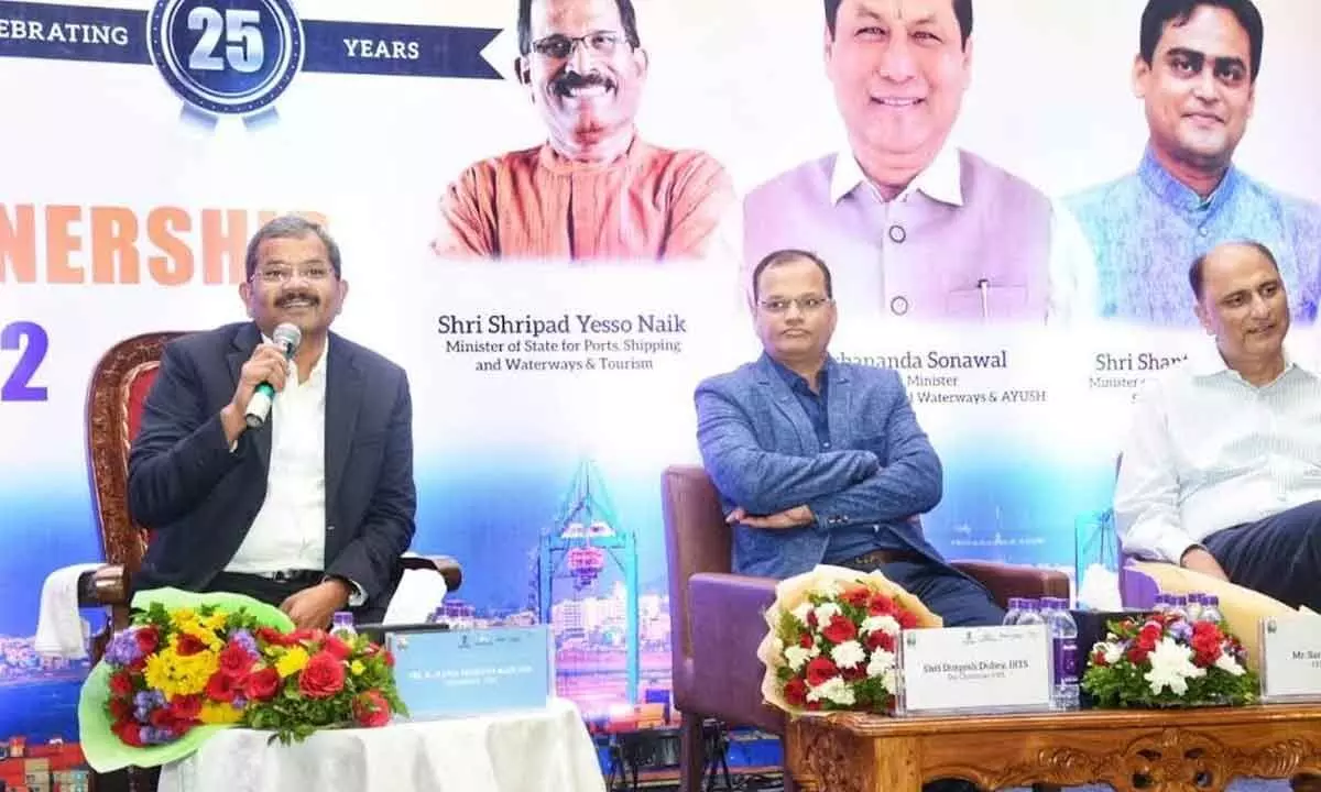 Visakhapatnam Port Authority Chairman K Rama Mohana Rao speaking on the concluding day of the two-day conclave of the VPA held in Visakhapatnam on Thursday